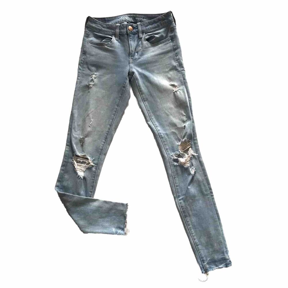 American Eagle 360 Super Stretch Jegging AEO 2 2R Ripped Light Wash Jean Raw Hem